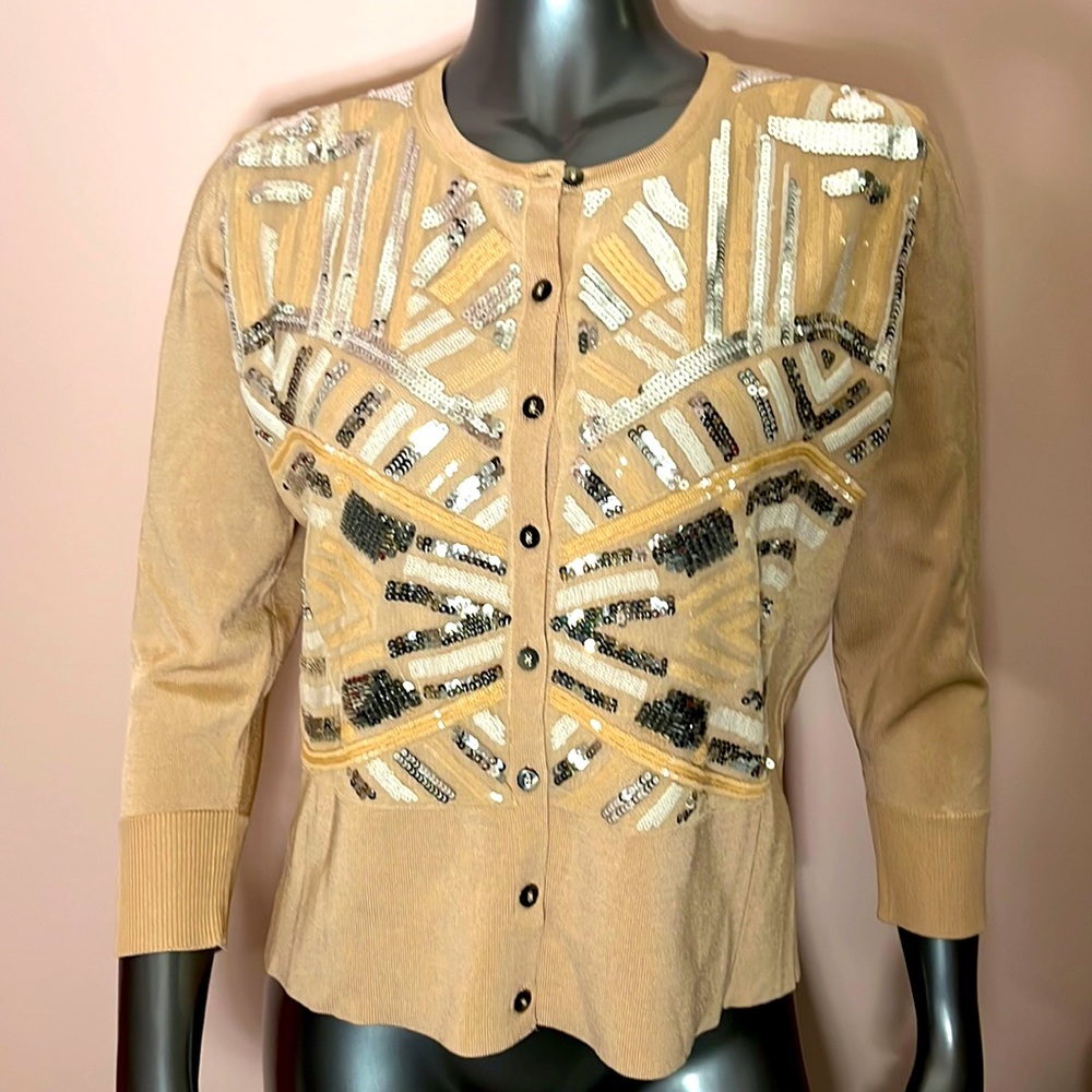 Cache Cream w/ Silver Sequin 3/4 Sleeve Knit Cardigan Sweater - Picture 5 of 13